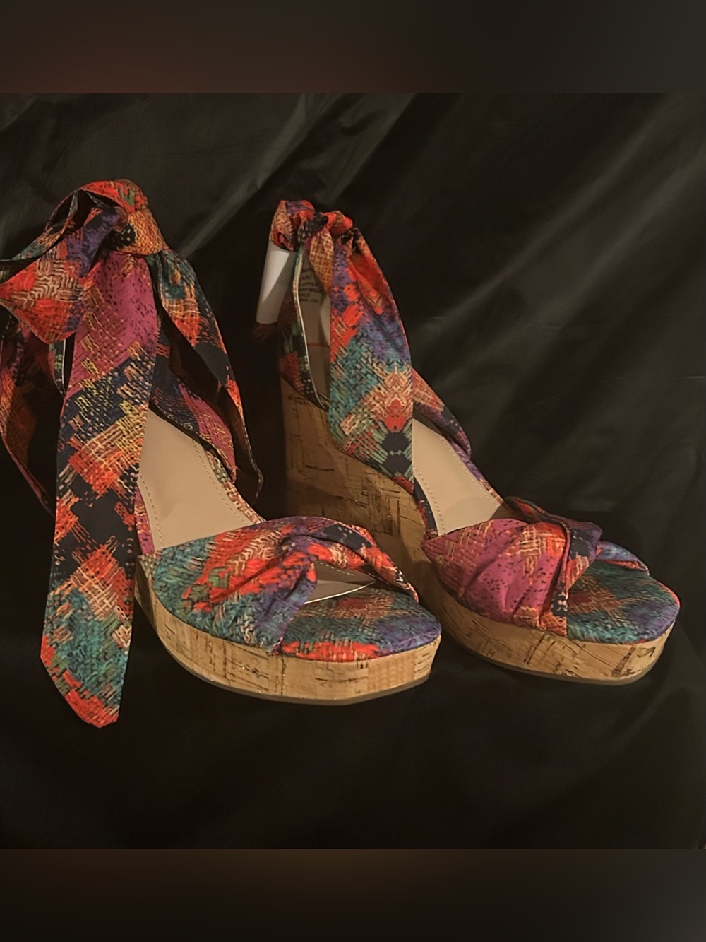 Impo Multicolor Printed Cork Wedge Sandals with Ankle Tie